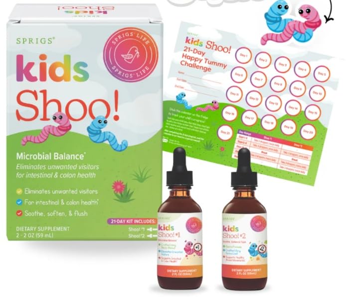 SPRIGS Kids Shoo Microbial Balance Dietary Supplement, 2 x 2 Oz | Gentle Herbal Digestive Cleanse to Support Intestinal & Colon Health | 21 Day Kit for Children for Healthy Digestion & a Happy Tummy