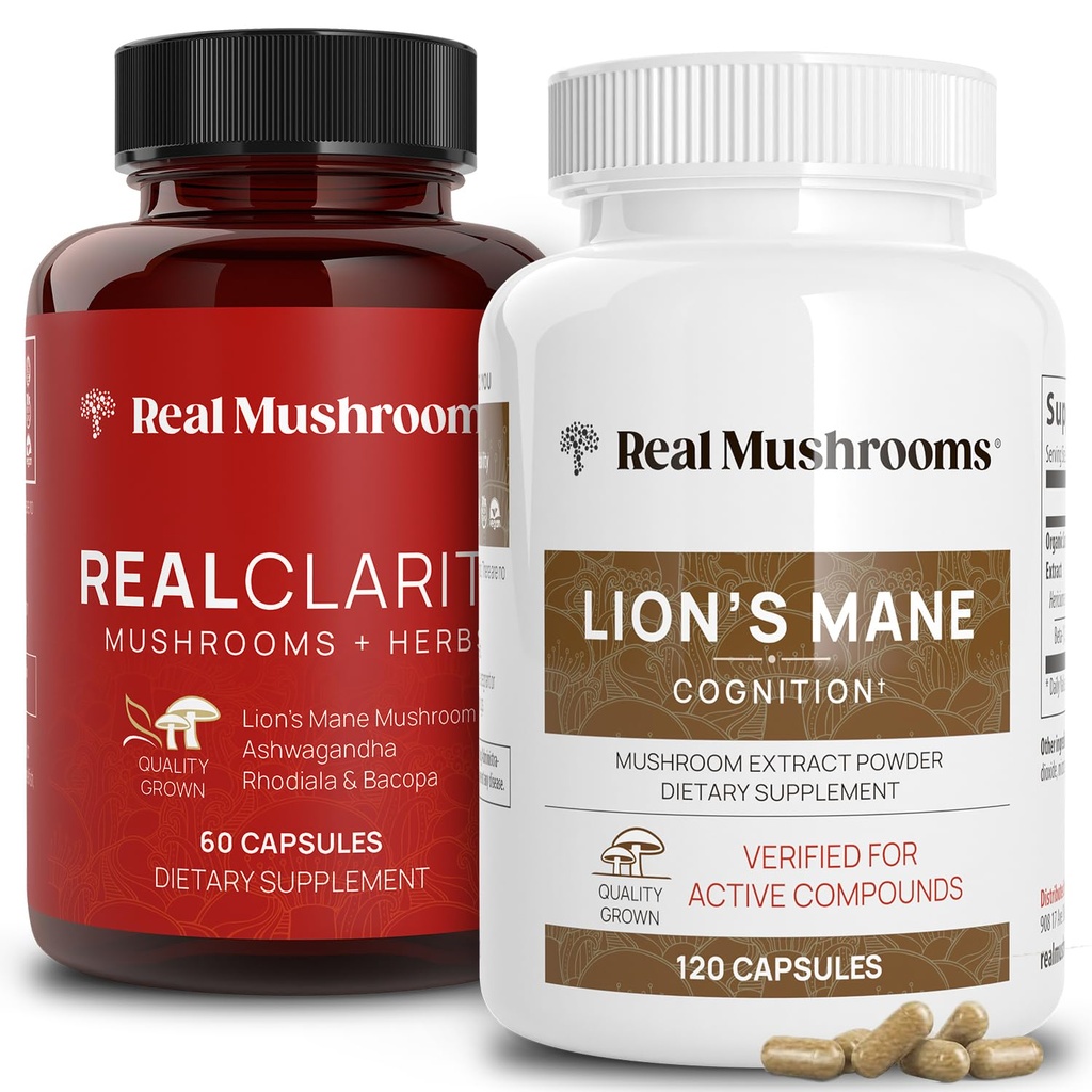 Real Mushrooms RealClarity (60ct) und Lions Mane (120ct) Kapseln Bundle - Pilzergänzung für Gehirngesundheit, Mental Clarity, Fokus, Kognition & Immununterstützung - Gehirn Vitamine w/Ashwagandha