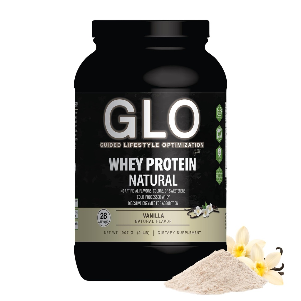 GLO Health Foods Cold-Processed Whey Protein - Vanilla Flavor - 24g Protein per Serving - Whey with Digestive Enzymes & BCAAs - Supports Muscle Growth, Strength & Recovery - 2 LB (28 Servings)