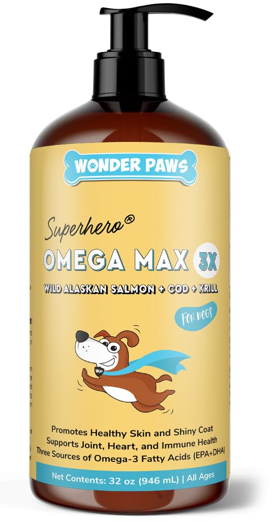 Wonder Paws Fischöl für Hunde - Omega 3 für Hunde aus Alaskan Lachs, Cod & Krill Öl - EPA DHA Fettsäuren - Weniger Shedding & Itching - Haut, Gelenk, Immun- &amp; Herzgesundheit - Flüssige Ergänzung (32 oz)