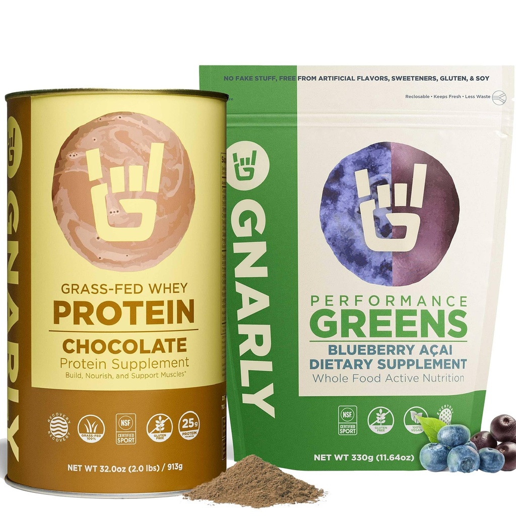 Gnarly Nutrition Performance Greens Blueberry Açai, (11.64 oz) and Gnarly Whey Grass-Fed Protein Supplement, Chocolate (32.0oz)