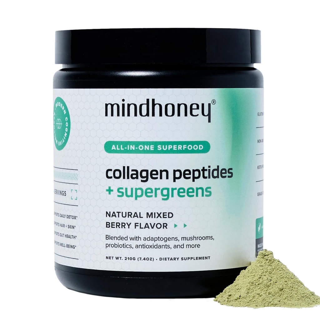 MINDHONEY | Collagen Peptides + Super Greens | Premium All-in-One Superfood Powder | Gut Health, Detox, Hair & Skin, Immunity | Collagen Peptides, Super Greens, Probiotics, Adaptogens | 30 Servings
