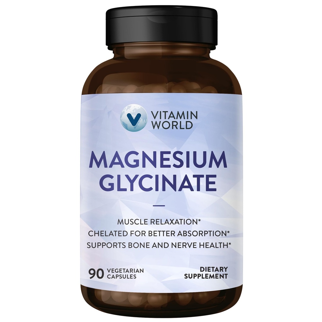 Vitamin World Magnesium Glycinate 420mg w/BioPerine, High Absorption Chelated Magnesium Supplement for Relaxation, Heart, Muscle, Bone, Nerve Health, Gluten-Free, 90 Vegetarian Capsules, 30 Servings