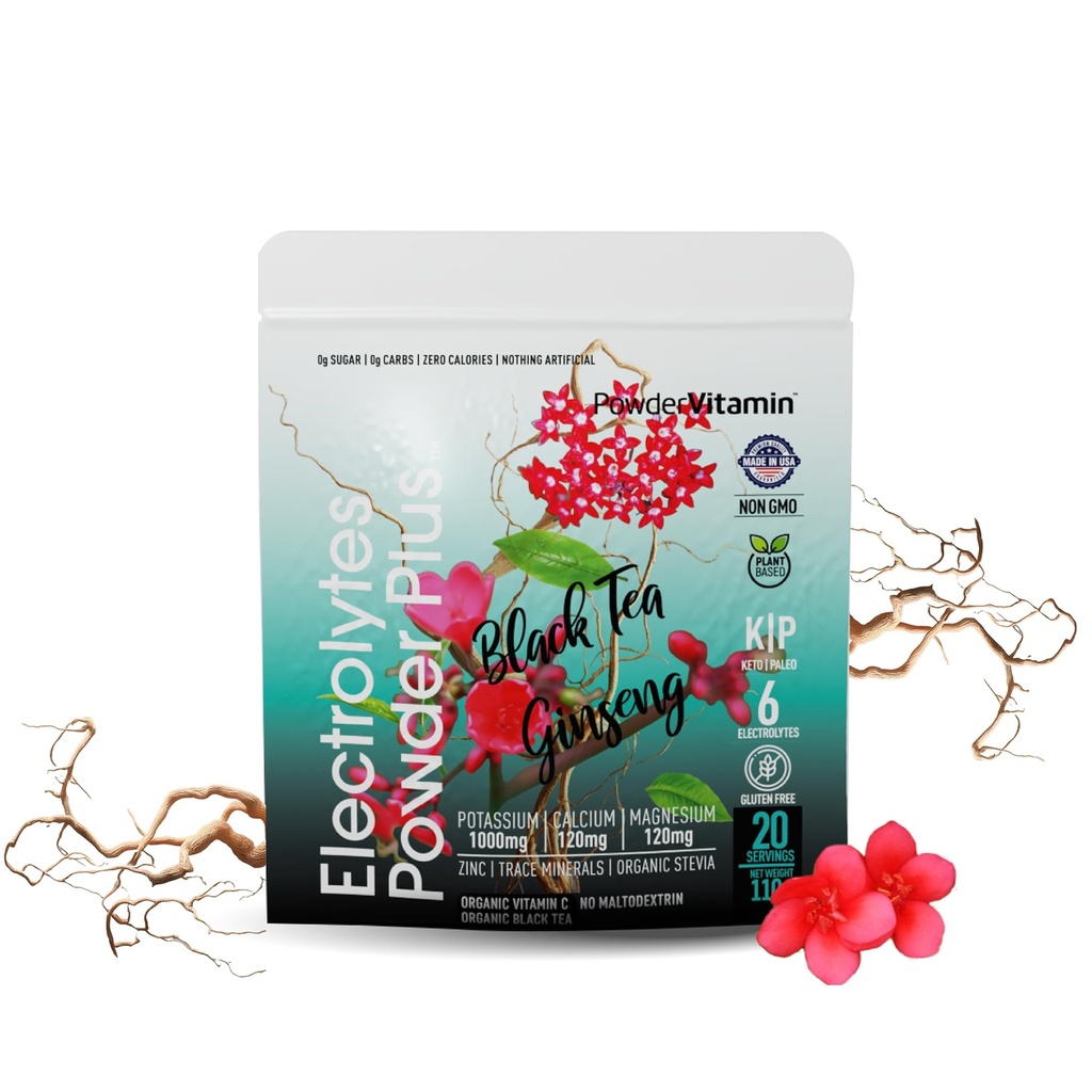 PowderVitamin Electrolytes Powder Plus (20 Servings) Black Tea Ginseng Electrolyte Powder Keto, Sugar Free, Pink Himalayan Salt,1000mg Potassium,120mg Calcium,120mg Magnesium, Hydration Powder