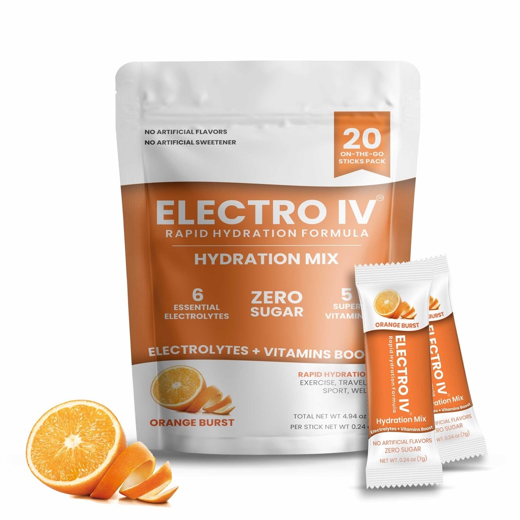 Rapid Hydration Mix – Sugar Free Electrolyte Powder Drink – Orange Burst - 20 Stick Packs – Hydration Packets with Essential Electrolytes & Vitamins – Keto Friendly, Vegan, Non-GMO