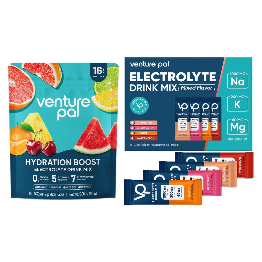 Venture Pal Electrolyte Powder Bundle – High Sodium & Daily Hydration Mix | Sugar-Free | 12 Electrolytes + 5 Vitamins | Vegan, Keto, Zero Calories | 32 Total Sticks for Fast Rehydration