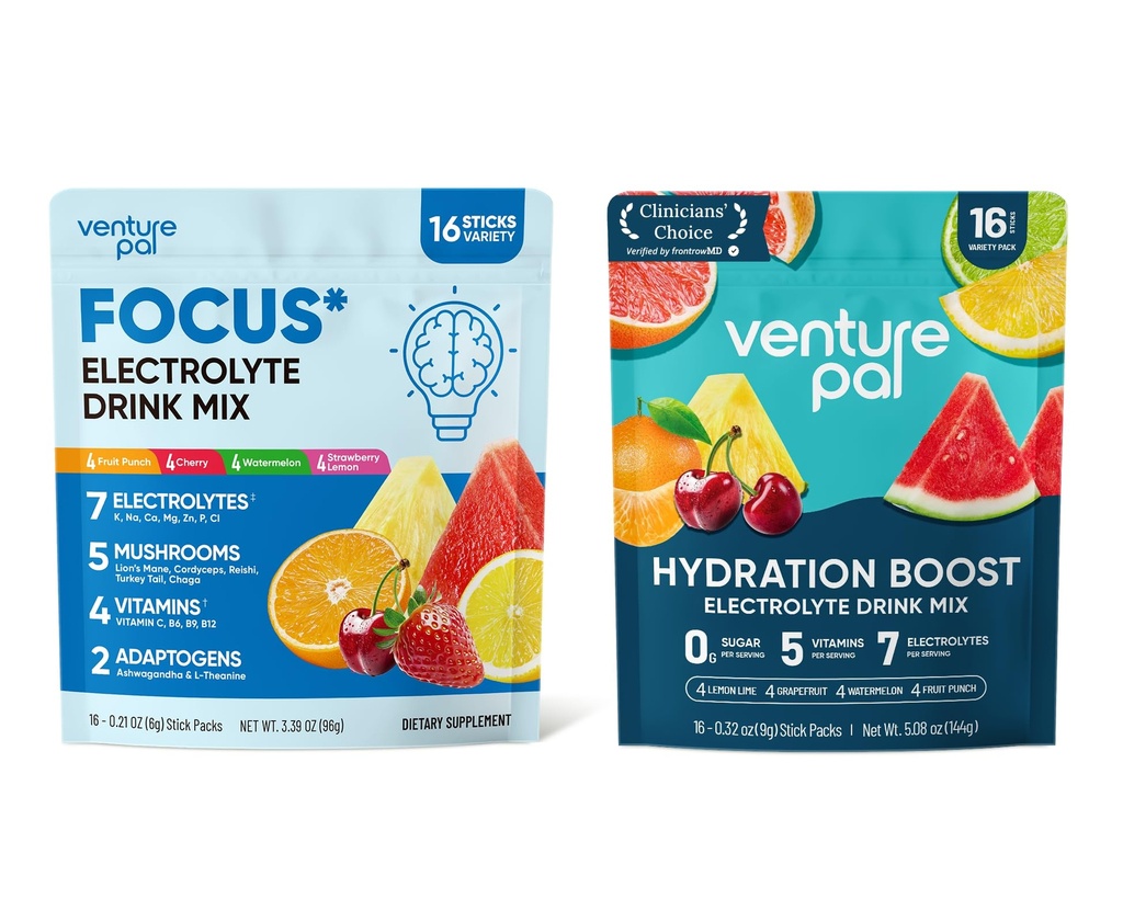 Venture Pal Electrolytes Powder Hydration Packets, Focus & Energy Support Drink Mix + Electrolytes Powder Packets - Liquid Daily IV Hydration Packets