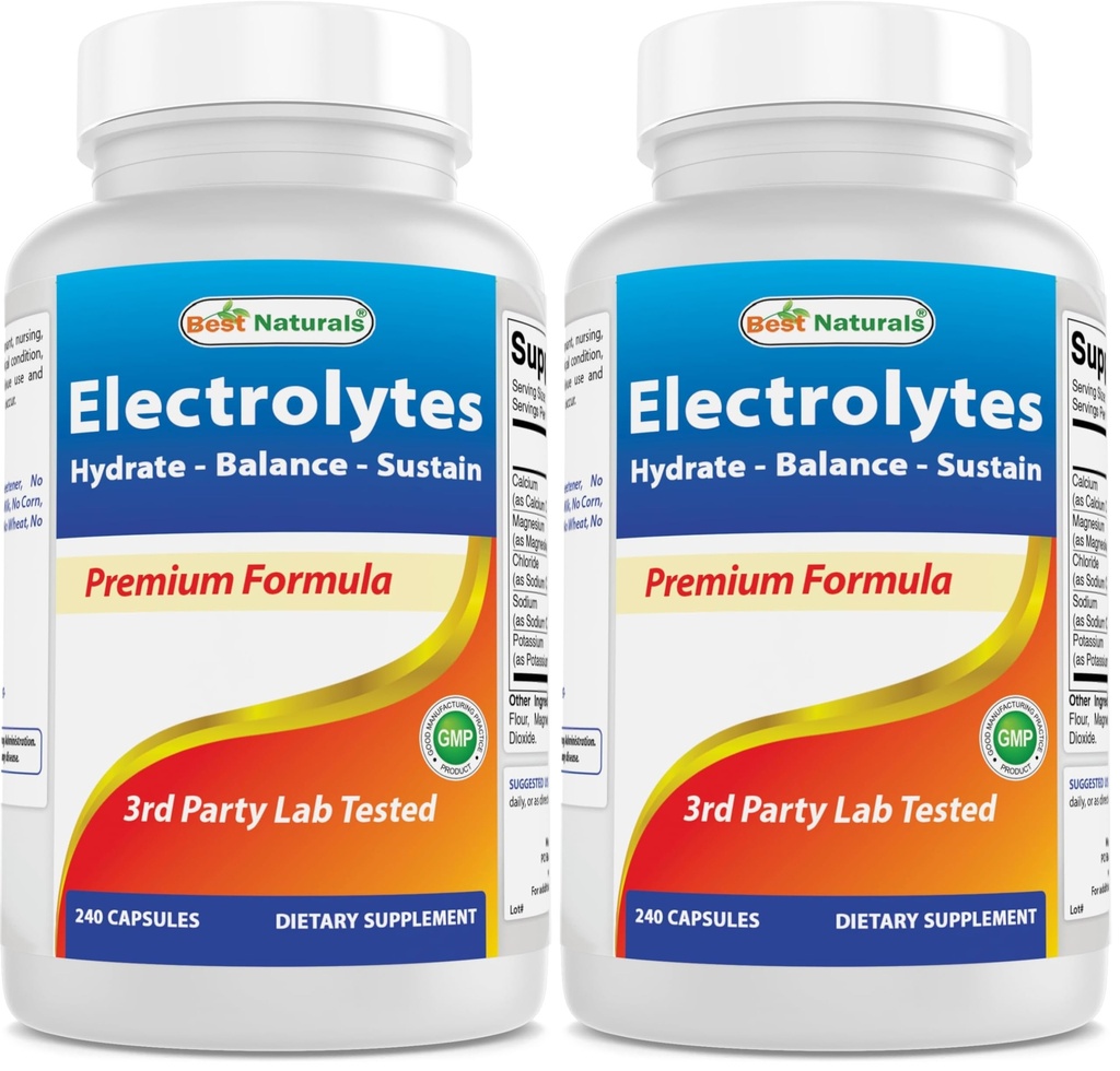 Best Naturals Electrolytes Hydrate-Balance- Sustain Premium Formula 240 Capsules. Gluten Free and Non-GMO. (Pack of 2)