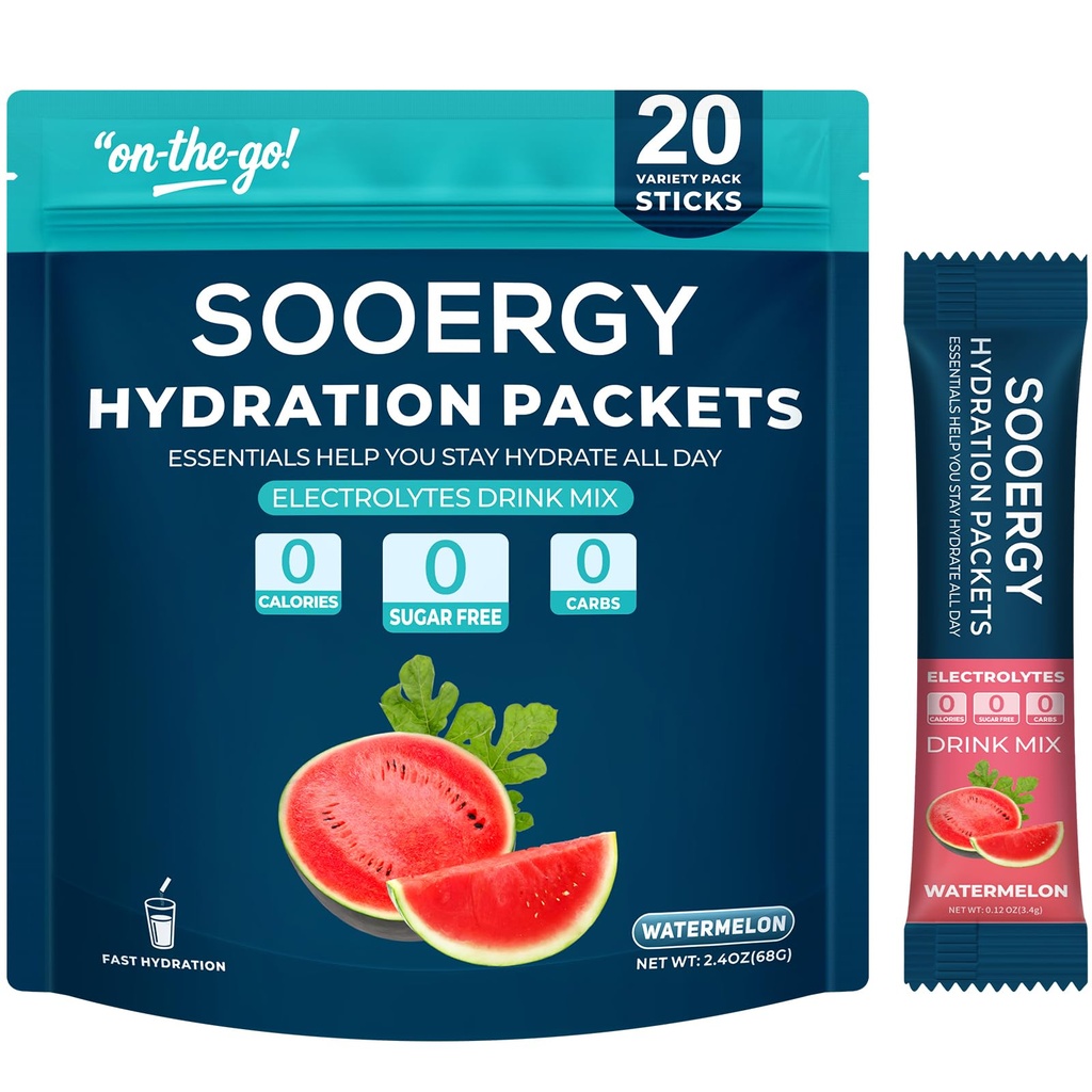 Electrolytes Powder Packets Sugar Free Hydration Packets, Liquid Daily IV Electrolyte Drink Mixex for Rehydration with Electrolytes, Vitamins, 0 Calorie, Watermelon Flavor, 20 Sticks