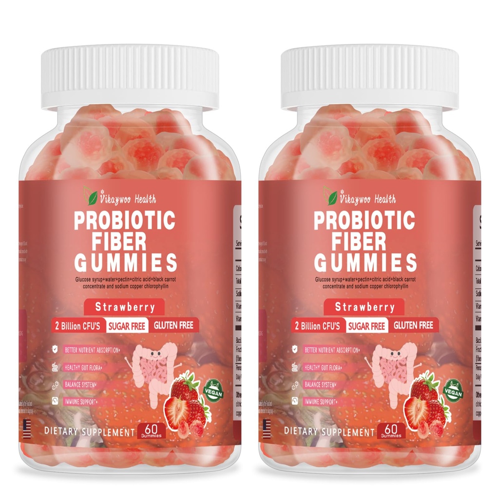 Probiotic Fiber Gummies for Adults, No Sugar Added Strawberry Flavor– 2 Billion CFUs –Vitamin C,Vitamin D–Digestive Health & Regularity Support(120 Count)