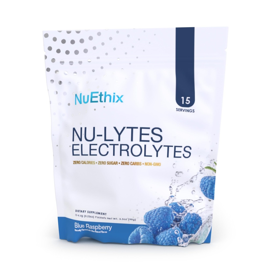 NuEthix Formulations NU-LYTES Electrolytes Hydration Packets, Zero Calories, Zero Sugar, Zero Carbs, Non-GMO, Electrolytes Powder Packets, Glycogen Replenishment, 15 Servings (Blue Raspberry)