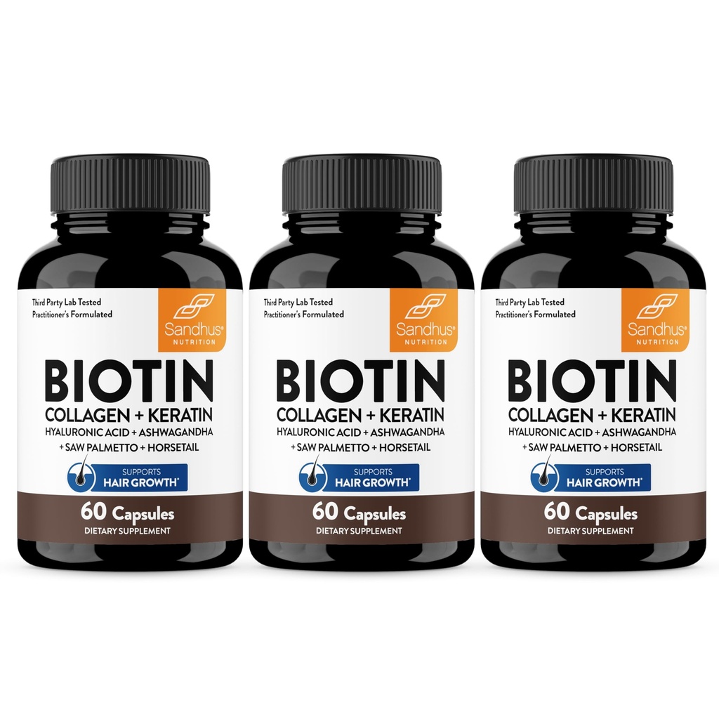 Sandhu's Biotin, Collagen & Keratin Complex | Supports Normal Hair Growth Cycle | Vitamins for Skin & Nails | Hair Supplements for Women & Men | Made in USA (60 Count (Pack of 3), #1 Hair Vitamins)