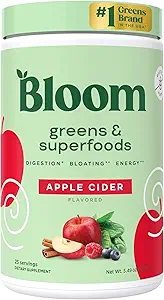 Bloom Nutrition Superfood Greens Powder, Digestive Enzyme mit Probiotika und Präbiotika, Gut Health, Bloating Relief für Frauen, Chlorella, Green Juice Mix mit Rübenwurzelpulver, 25 SVG, Apple Cider
