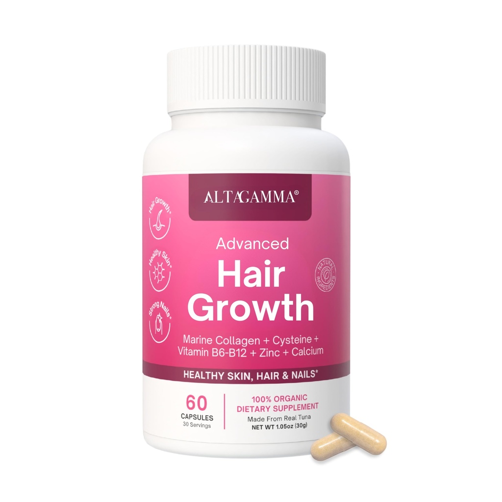 Hair Growth Supplements - Nourishes Thinning, Strengthen Nails & Skin & Combat Hair Loss - Hair Growth Vitamins for Women & Men with Marine Collagen Peptides, 60 Capsules | 30 Day Supply
