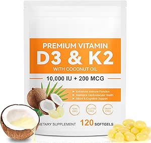 120 Softgels Vitamin D3 K2 10000IU 200MCG - Kokosöl - Unterstützung Immune, Herzgesundheit - Bewahrt Herz-Kreislauf-Gesundheit - Überlegene Absorption- Einfach zu schlucken