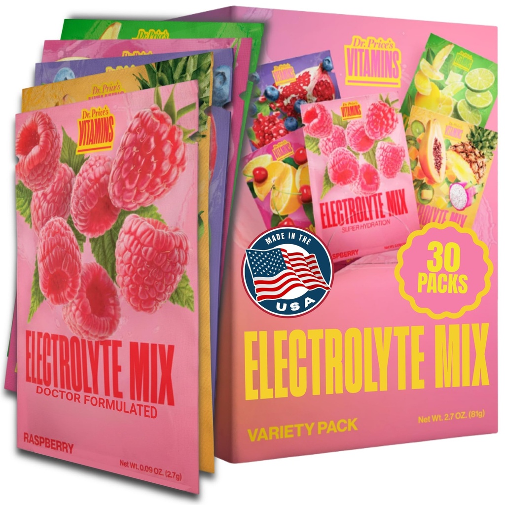 Dr. Price’s Electrolytes Hydration Powder Packets – Variety Pack, 30 Assorted Packs | Sugar Free Electrolyte Drink Mix, 72+ Trace Minerals | Keto Electrolytes, Vegan, Doctor-Formulated, Made in USA