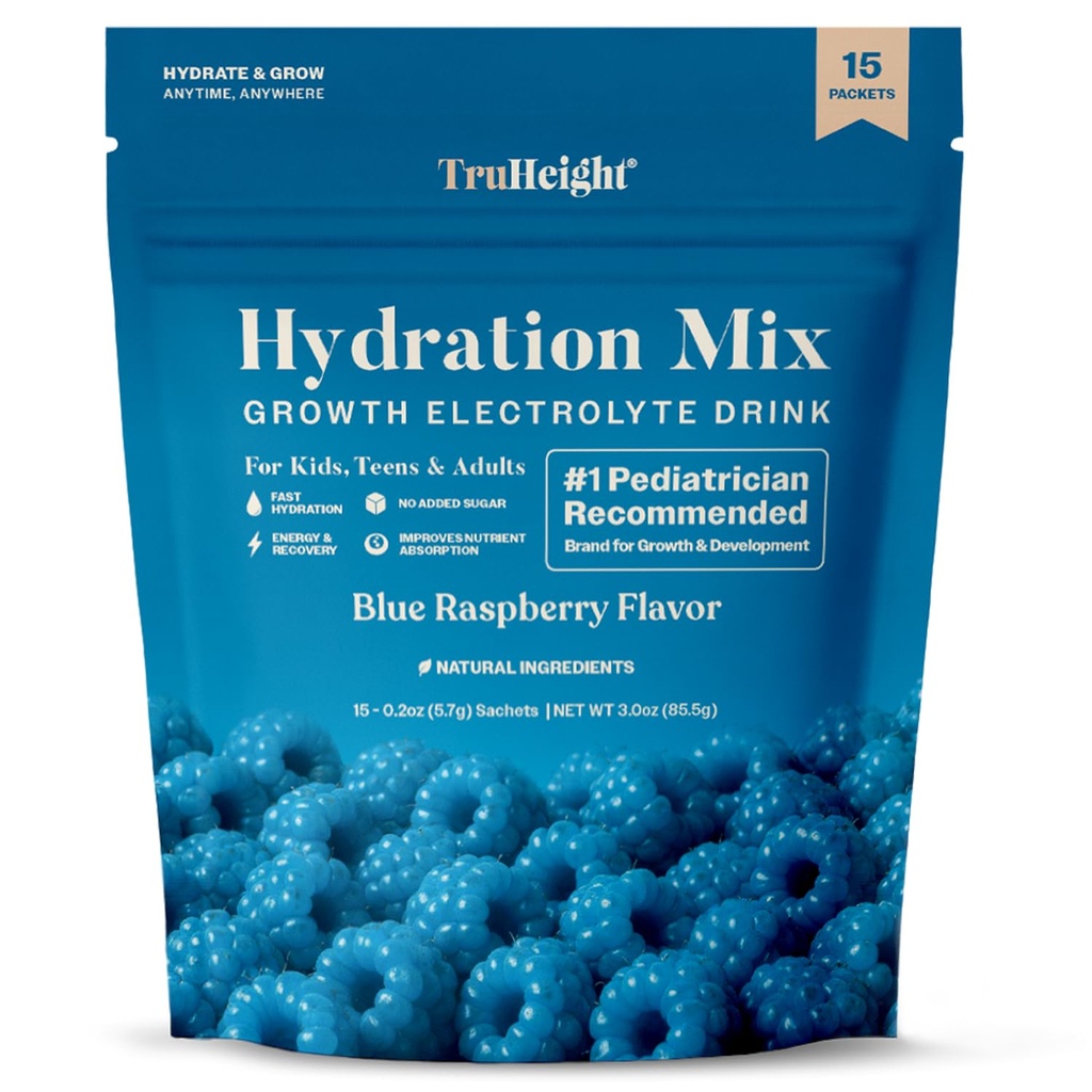 TruHeight Hydration Packets (Blue Raspberry) Kids, Teens & Adults Fast Hydration, Energy & Recovery - Dehydration Relief Electrolytes Powder Packets for Athletes - Sugar Free, Zero Calorie, Non-GMO