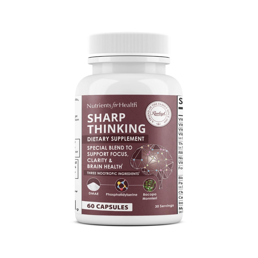 Rawleigh Sharp Denken: 60 Kapseln, Fokus, Klarheit, Memory Support, 3 Nootropics, DMAE Bitartrate, Bacopa Monnieri, Phosphatidylserine, DHA & Vitamine A, C, D, E, B-Komplex