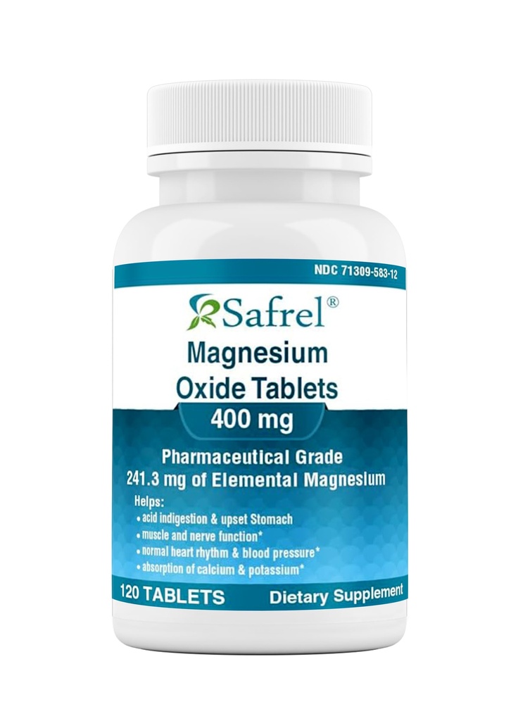 Safrel Magnesium 400mg Tablets, High Potency Magnesium Oxide Supplement for Muscle Cramps, Relaxation, Nerve and Immune Support, 120 Count