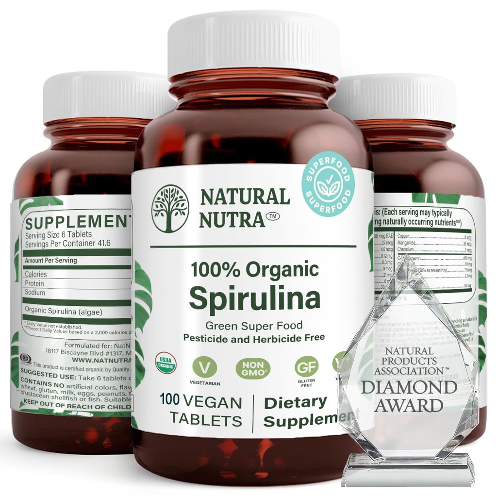 Natürliche Nutra 100% USDA Organische Spirulina Tabletten, hilft Körperfette zu halten, fördert Lebergesundheit, fördert Immunsystem, hilft Stoffwechsel zu verbessern, fördert Immunität, 300mg, 100 Vegan Tabletten