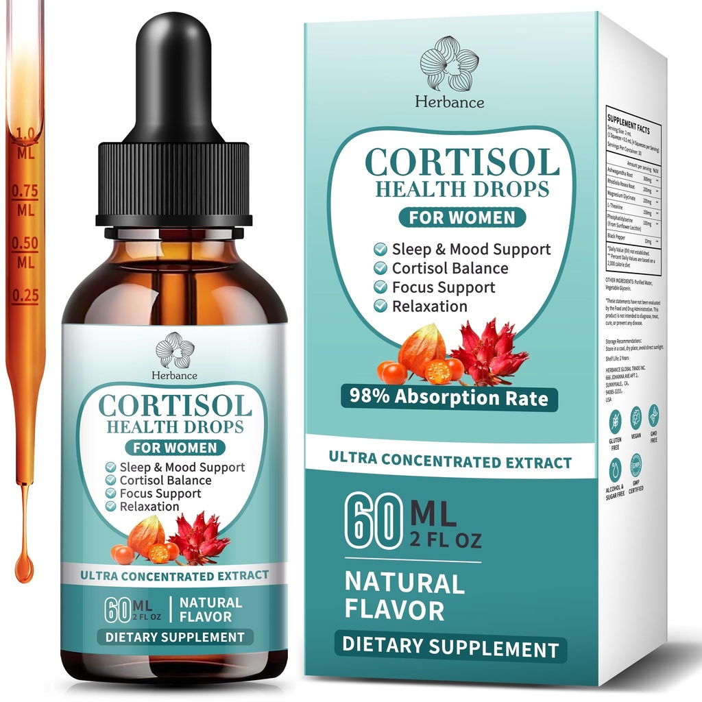 Cortisol Supplements for Women, Cortisol Liquid Drops w.Ashwagandha Rhodiola Rosea Magnesium L-Theanine Phosphatidylserine Black Peper, Hormone Balanced & Lower Cortisol - 30 Day Vegan Supply
