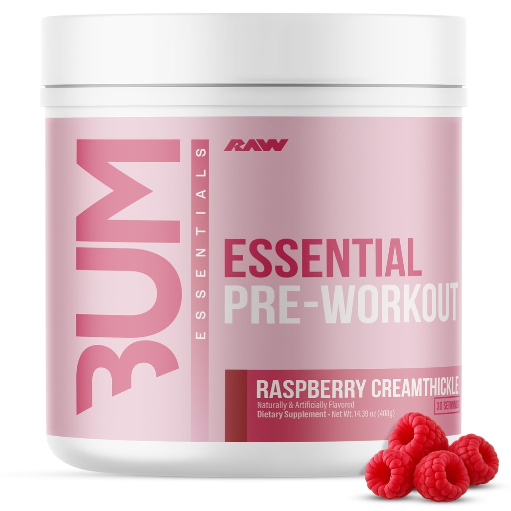 RAW Essential Pre-Workout Powder (Rasberry Creamthickle) - Chris Bumstead Sports Supplement for Men & Women - Preworkout Energy Powder with Caffeine, L-Citrulline, L-Tyrosine, & Beta Alanine Blend