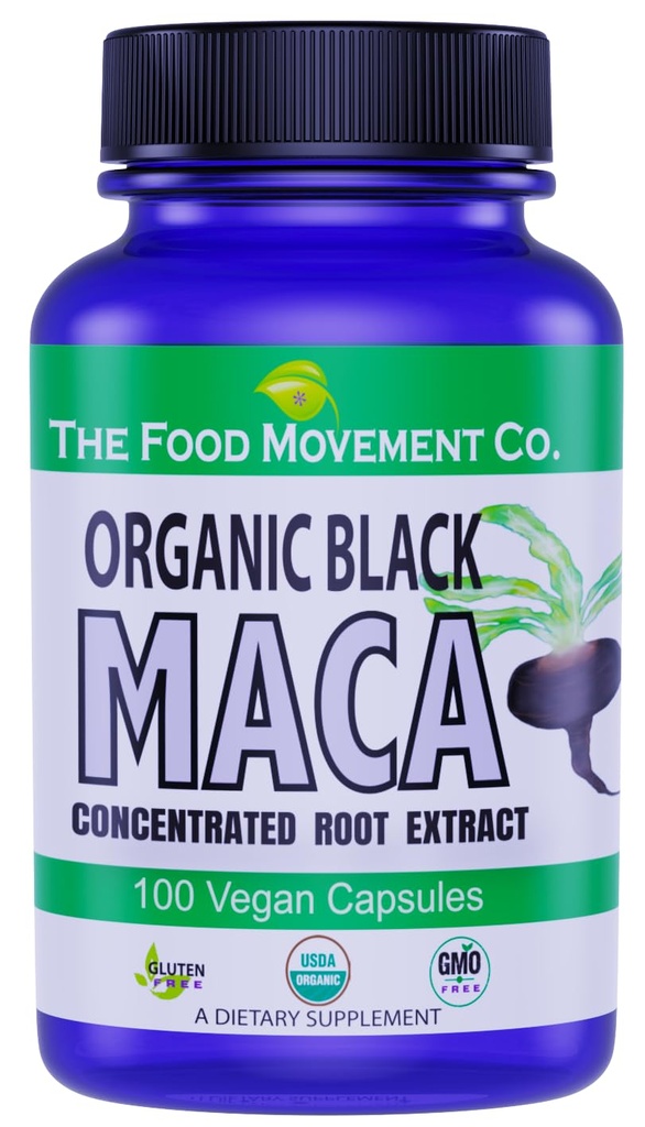 THE FOOD MOVEMENT CO. Black Maca 500mg 60 Kapseln - Organic, Non-GMO, Vegan, Gluten Free- Black Maca Root Supplement für Ganzkörper-Wellness