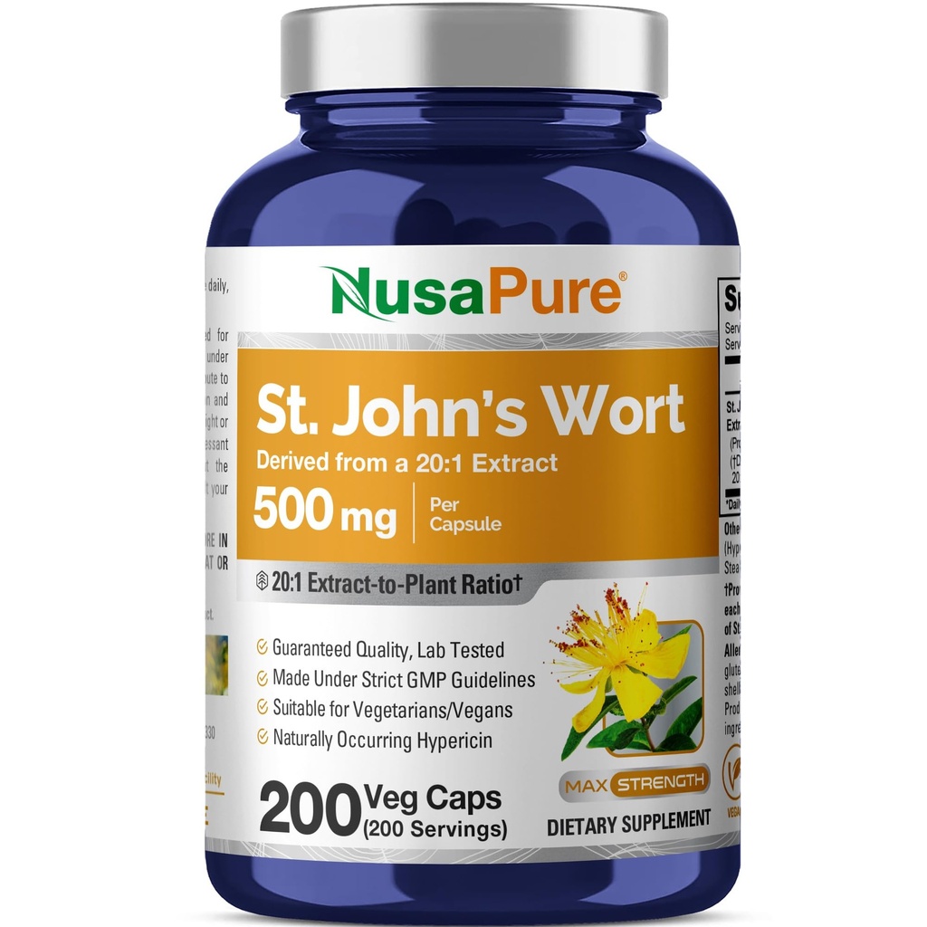 NusaPure St. John's Wort Capsules, 500 mg, 200 Veg Capsules (Non-GMO, Vegan)