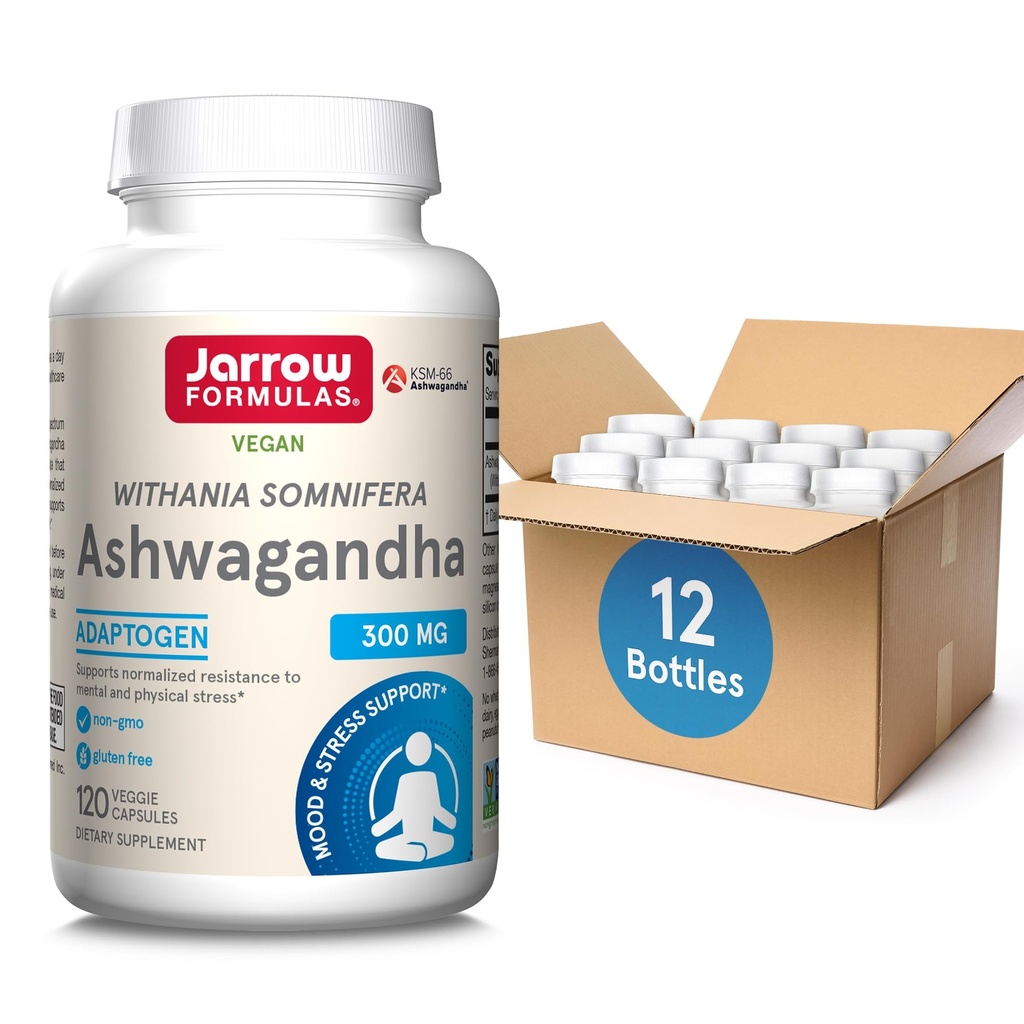Jarrow Formeln Ashwagandha 300 mg - 120 Veggie Kapseln - Gesamte Gesundheit und Beständigkeit gegen Fettleibigkeit - Supplement unterstützt Endurance, Muskel-Recovery & Kognitive Gesundheit - 60 Portionen (Pack von 12)