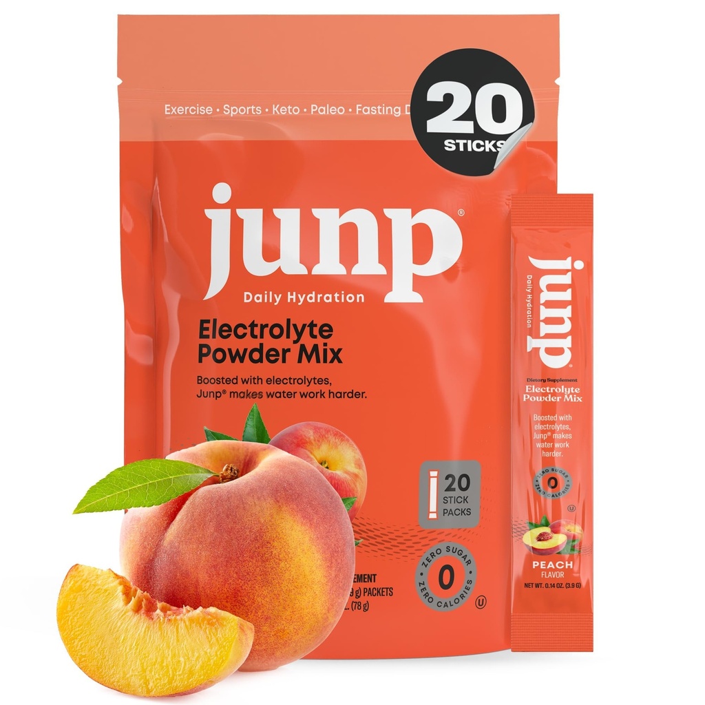 JUNP Sugar Free Electrolytes Powder Packets for Water Instant Hydration Packets with Salt & Potassium, Zero Calorie, No Carbs No Sugar Electrolyte Drink Mix Sticks, Keto Friendly, Juicy Peach 20 Pack