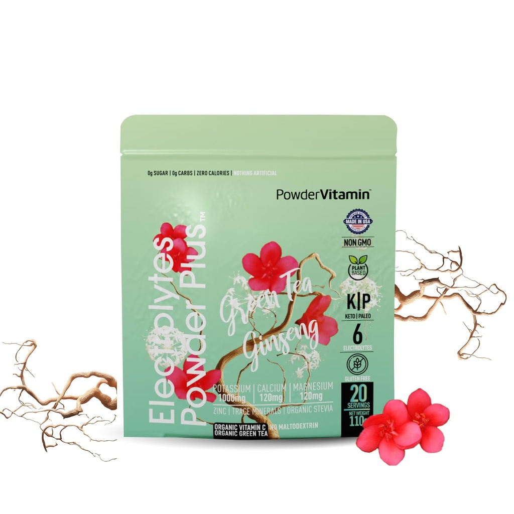PowderVitamin Electrolytes Powder Plus (20 Servings) Green Tea Ginseng Electrolyte Powder Keto, Sugar Free, Pink Himalayan Salt,1000mg Potassium,120mg Calcium,120mg Magnesium, Hydration Powder