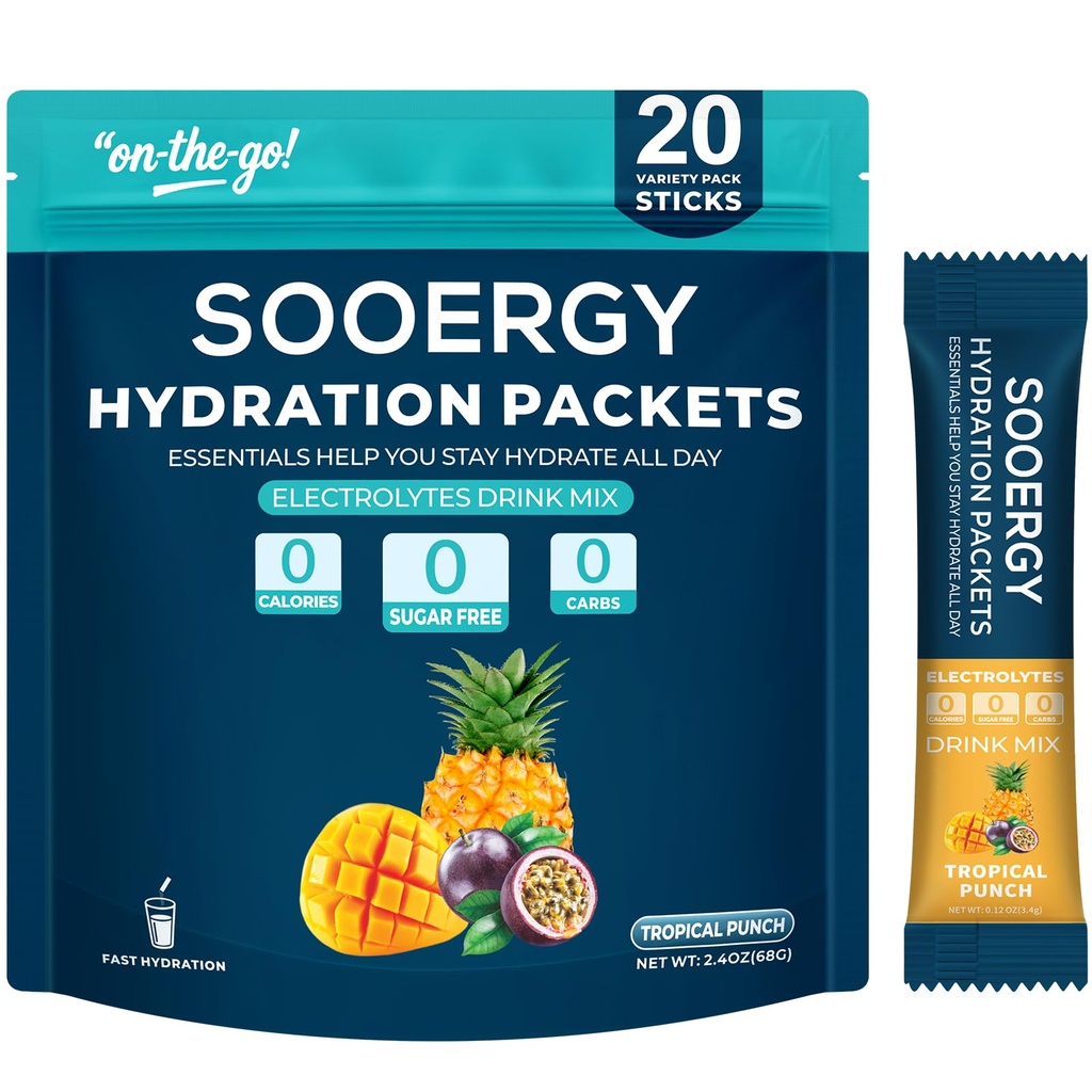 Electrolytes Powder Packets Sugar Free Hydration Packets, Liquid Daily IV Electrolyte Drink Mix for Rehydration with Electrolytes, Vitamins, 0 Calorie, Tropical Punch Flavor 20 Sticks