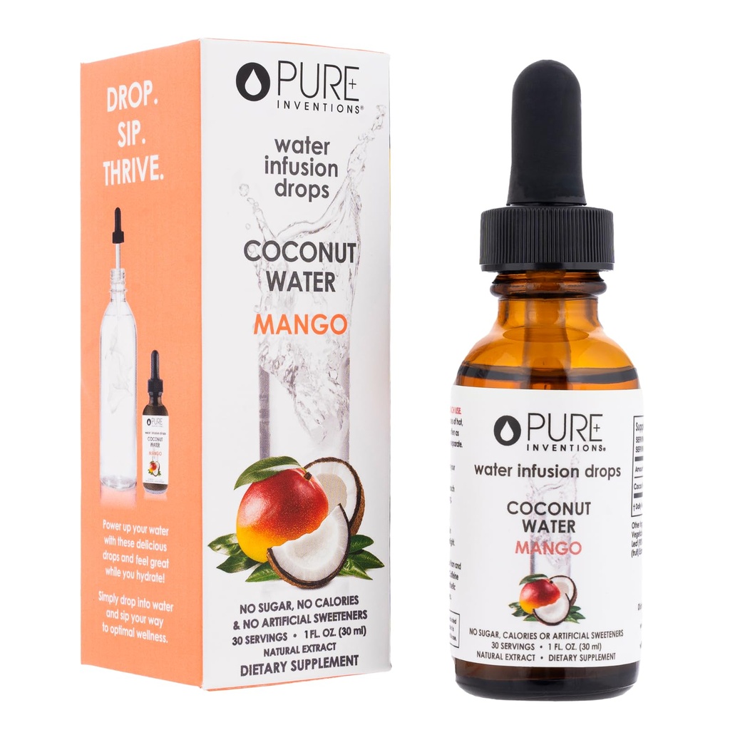 Pure Inventions - Coconut Water Infusion Drops – Electrolytes - Sugar-Free Hydration, Zero Calories, No Artificial Sweeteners, Clean Ingredients - Mango, 30 Servings