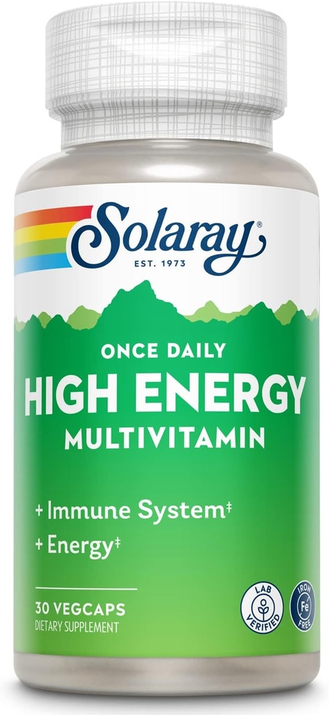 SOLARAY Einmal täglich High Energy Multivitamin, Iron Free, Immunsystem und Energie Unterstützung, Ganze Nahrung und Kräuterbasis Zutaten, Mens und Frauen Multi Vitamin (30 Servierungen, 30 VegCaps)