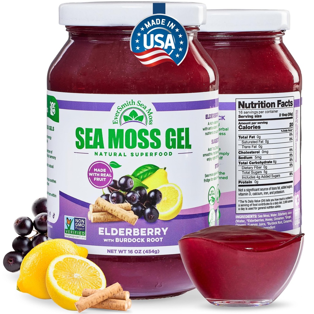 Wildcrafted Irish Sea Moss Gel | Made in USA | Rich in Vitamine & Minerals | Sea Moss Gel Raw | Nutritional Supplement | Elderberry (16 oz)