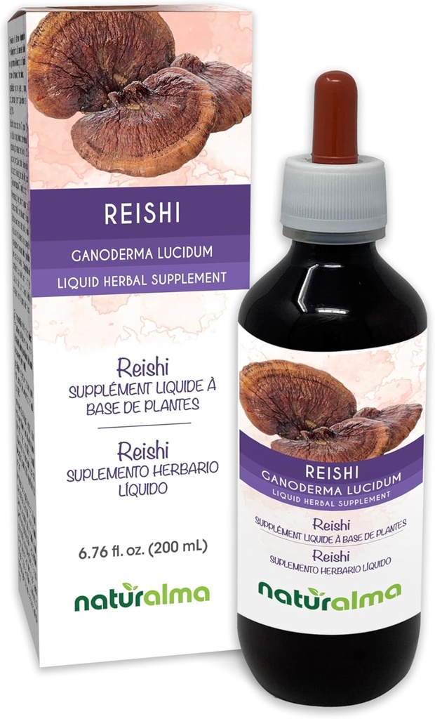 Naturalma Reishi (Ganoderma lucidum) Pilz oder Pilz Alkoholfreie Tinktur - 6.76 fl oz Flüssiger Extrakt in Tropfen - Kräuterergänzung - Vegan