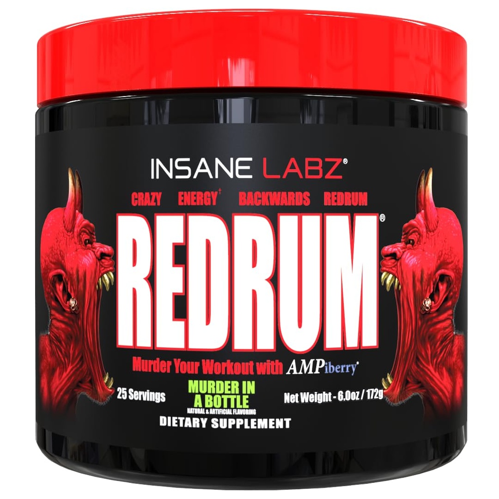 Insane Labz Redrum High Stim Pre Workout NO Booster Powder, Loaded with Beta Alanine Agmatine Sulfate Taurine Fueled by AMPiberry, OXYgold,Focus Strength Recovery, 25 Srvgs, Murder in a Bottle Apple