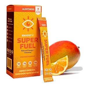 EBOOST Energy Drink Powder, Super Fuel - Orange Mango, 7 Pakete - PreWorkout Powder Energy Drink Mix - Natürliche Energie, L-Tyrosin, L-Theanin & Vitamine - Vorbereitung für Frauen & Männer zu gehen