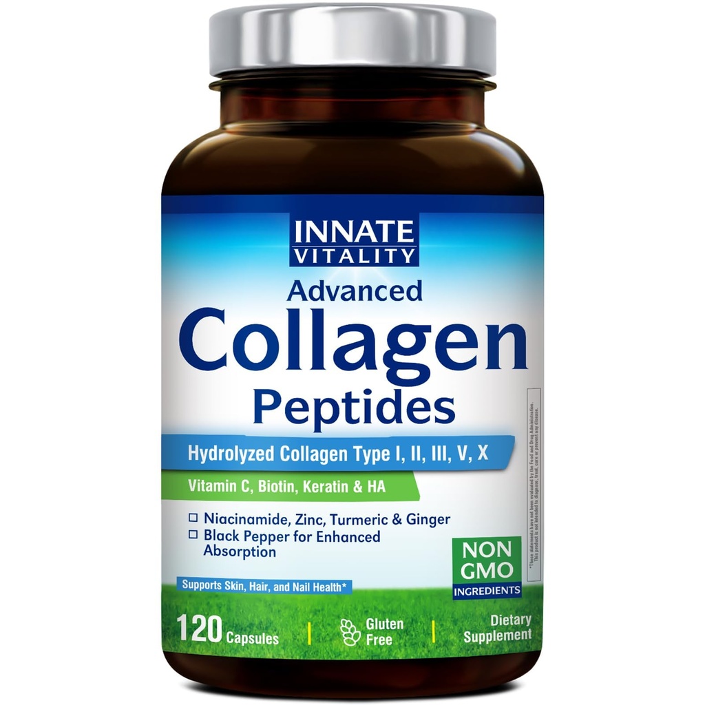 Innate Vitality Collagen Peptides for Women & Men, Biotin, Hyaluronic Acid, Turmeric, Keratin, Vitamin C, Niacinamide, Multi Collagen Peptides Type I, II, III, V, X for Skin, Hair, Nails, 120 Caps