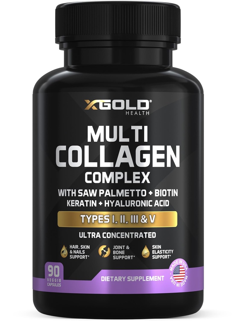 X Gold Health Collagen Complex, Types I, II, III, V, Biotin 10,000 mcg, Keratin, Hyaluronic Acid, Saw Palmetto, Vitamins C & E Advanced HSN Formula for Men & Women 90 Vegan Capsules