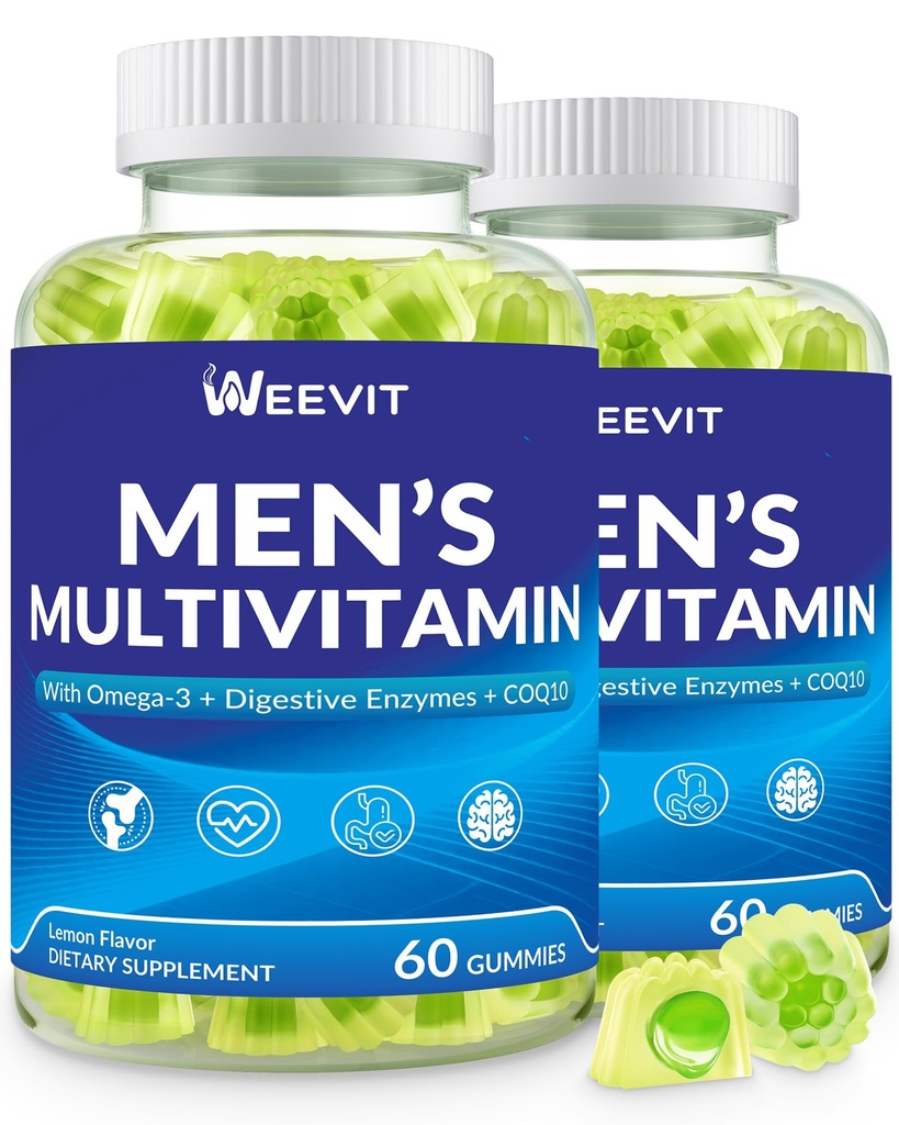 WEEVIT Mens Multivitamins Gummies, Omega 3, CoQ10, Turmeric, Lycopene, Digestive Enzymes, Daily Mens Vitamins A C D E B6 B12, Methylated Multivitamin for Men - Energy, Immunity, Sugar Free, Vegan
