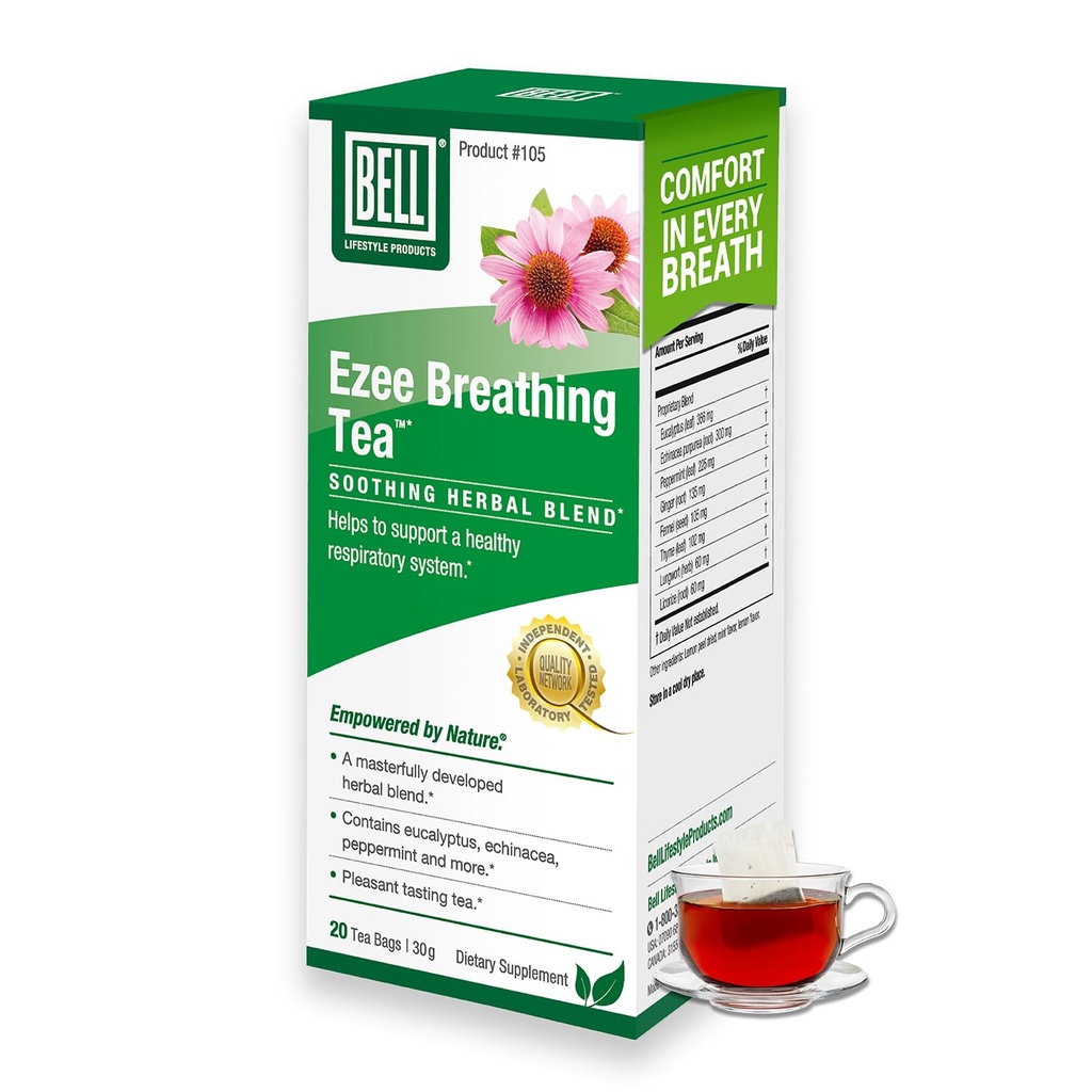 Bell Ezee Breathing Tea Bags, Respiratory & Lung Support | Natural Herbal Blend with Peppermint, Thyme, Eucalyptus & More| Lab Tested, Vegan, Non-GMO, Caffeine Free, 20 Tea Bags