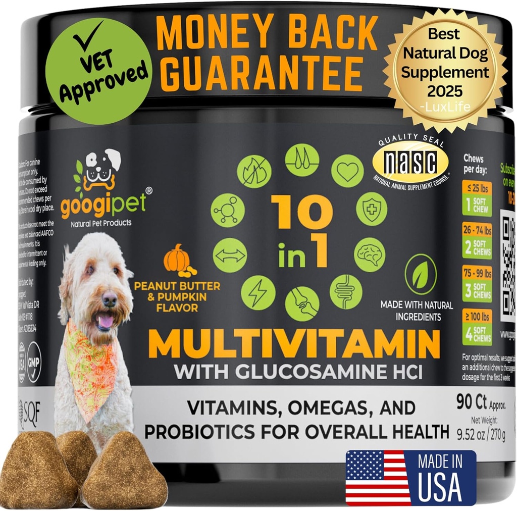 Googipet Premium 10 in 1 Hund Vitamine Multivitamin Kaubar mit Probiotika für Gut Gesundheit, Hunde Vitamine und Ergänzungen w/Vitamin C & Glucosamin für Gelenkunterstützung (Peanut Butter & Kürbis Flavor)