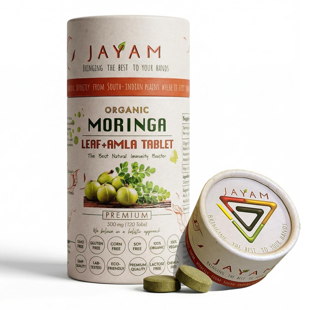 JAYAM Moringa Organic Leaf+Amla Tablets –100% – 500mg | Immunity Booster, Energy, Radiant Skin & Digestion Support | Complete Wellness | 120 Vegan Tablets | 2-Month Supply | Clean,GMP Certified