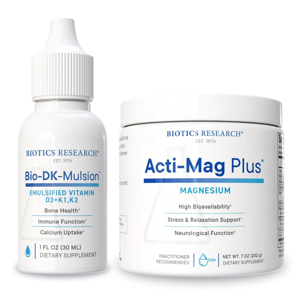 Biotics Research Bio-DK-Mulsion Liquid Vitamin D3 & K1/K2 for Bone, Heart & Immune Support + Acti-Mag Plus Magnesium Powder for Relaxation, Energy & Muscle Comfort – 1 fl oz & 7 oz