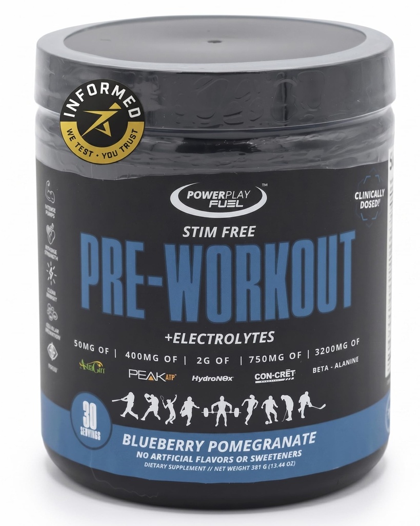 Stim Free Pre Workout Powder for Men & Women – Sport Certified, Sugar Free Pre Workout with Electrolytes, Supports Energy, Focus & Muscle Pumps by Power Play Fuel, Blueberry Pomegranate, 13.44oz