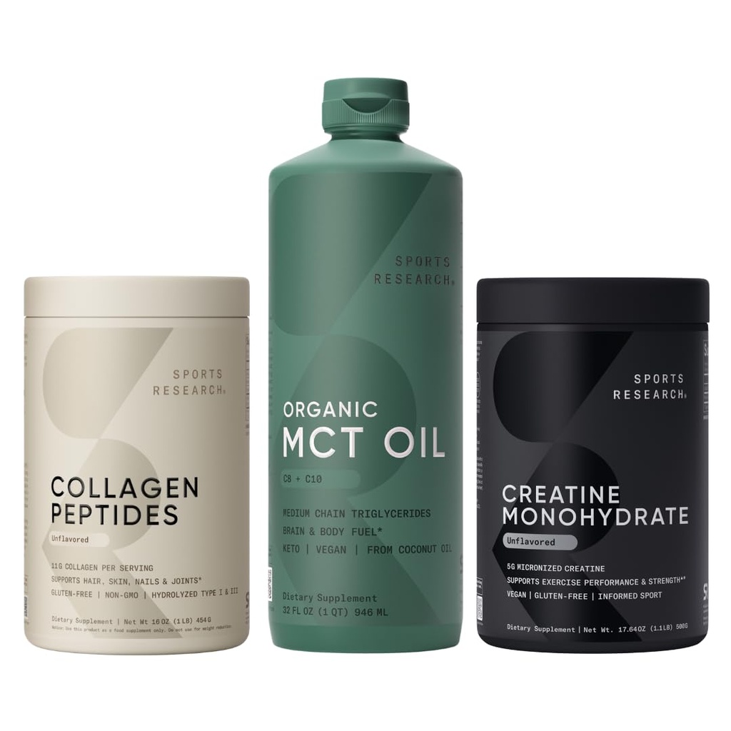Sports Research® Supplements Pack - Organic MCT Oil C8, C10 32 oz + Hydrolyzed Type 1 & 3 Collagen Powder Protein 16 oz + Creatine Monohydrate 17.46 oz