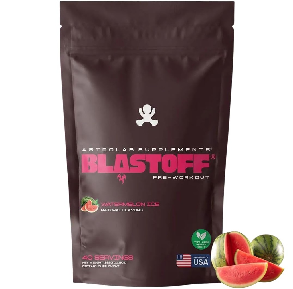 BLASTOFF Clean Pre-Workout – Organic Beet Root, 300mg Caffeine, L-Citrulline, Beta-Alanine | Light Watermelon Flavor | Plant-Based, Non-GMO, Sugar-Free, No Artificial Sweeteners – For Men & Women