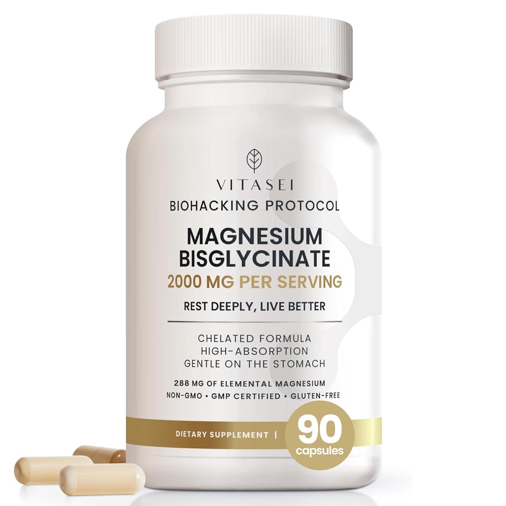 Vitasei Magnesium Bisglycinate – High Absorption Chelated Formula – 2000 mg per Serving (288 mg Elemental Magnesium) for Relaxation, Sleep & Muscle Recovery – Gentle on Stomach – 90 Capsules