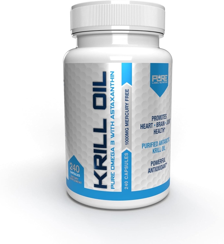 Pure Label Nutrition Fresh Antarctic Krill Oil 1000mg, Omega 3's, Extra Strength, EPA & DHA Softgels mit Antioxidans Astaxanthin. Herz-Gesundheits-Ergänzung und kein Fishy Nachgeschmack. 240 Gelkapseln